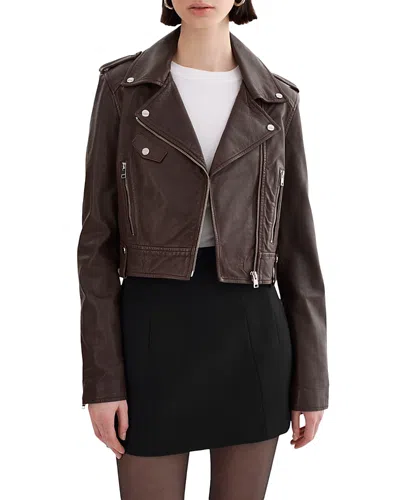 Lamarque Cropped Leather Moto Jacket In Dark Brown