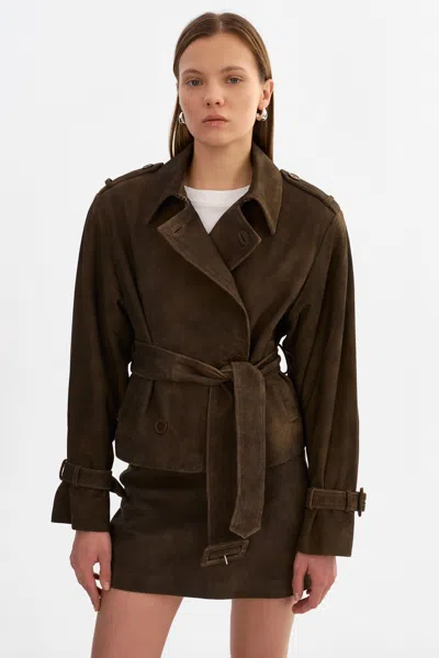 Lamarque Dhana Suede Short Trench Coat In Burgundy