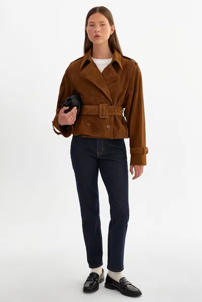 Lamarque Dhana Suede Short Trench Coat In Brown