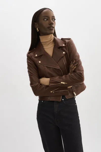 Lamarque Donna Gold Iconic Leather Biker Jacket In Brown