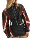 Lamarque Dustin Cropped Leather Contrast Insert Racer Jacket In Black/winter White/ruby