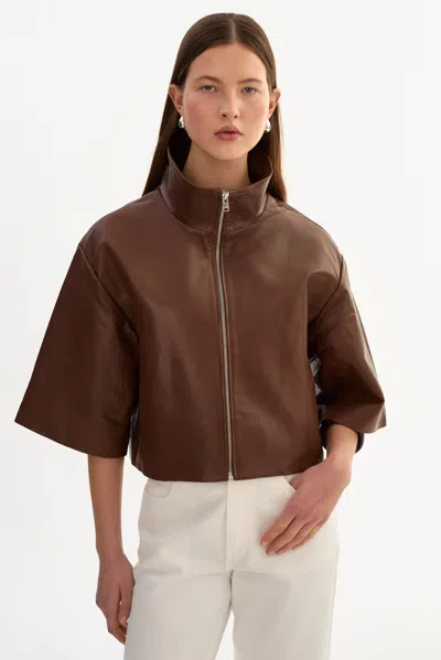 Lamarque Elin Funnel Neck Leather Jacket In Brown