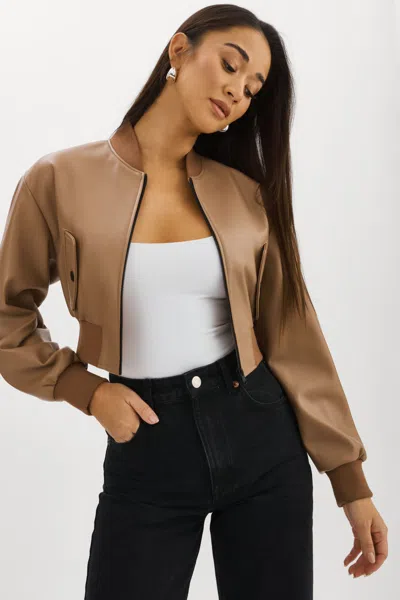 Lamarque Evelin Cropped Faux Leather Bomber Jacket In Brown