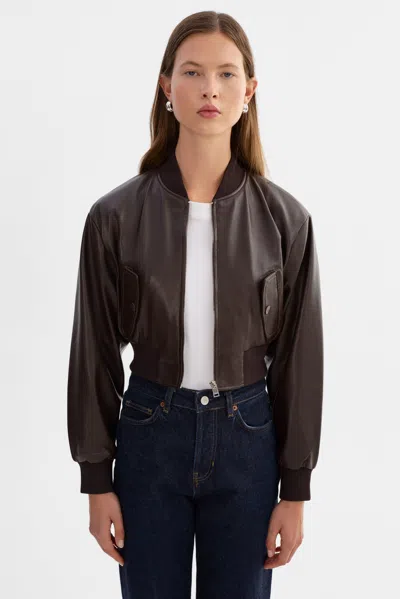 Lamarque Evelin Cropped Faux Leather Bomber Jacket In Brown