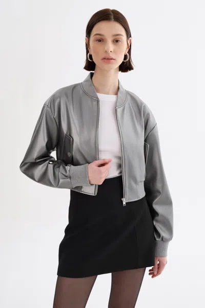 Lamarque Evelin Cropped Faux Leather Bomber Jacket In Gray