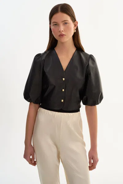 Lamarque Franka Balloon Sleeve Leather Blouse In Black
