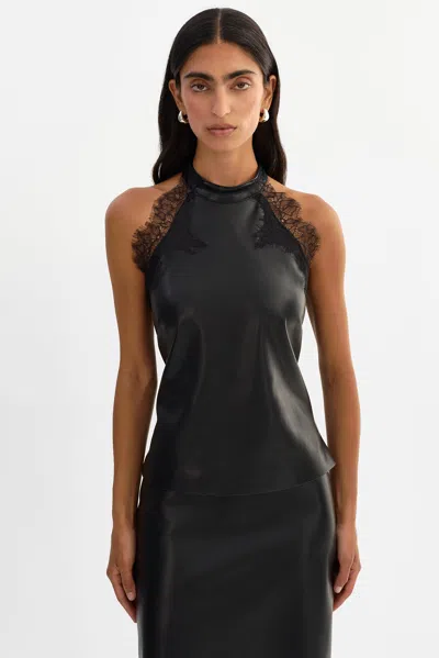 Lamarque Ginny Lace Trim Faux Leather Top In Black