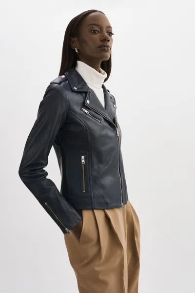 Lamarque Harper Fitted Leather Biker Jacket In Navy