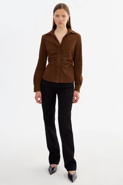 Lamarque Huda S Ruched Leather Shirt In Brown