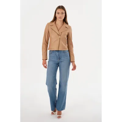 Lamarque Kelsey Leather Biker Jacket Champagne Hardware In Brown