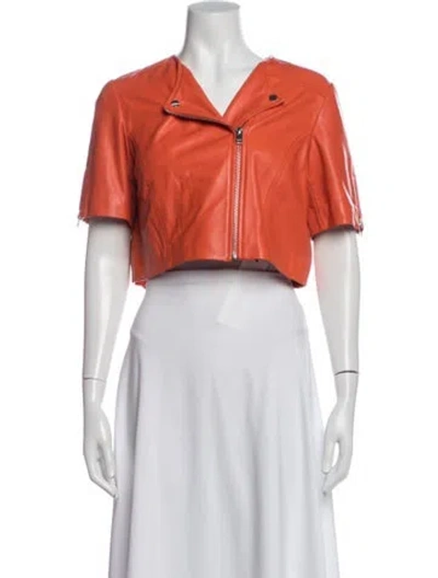 Pre-owned Lamarque Lamb Leather Biker Jacket In Orange