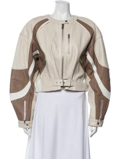 Pre-owned Lamarque Lamb Leather Colorblock Pattern Biker Jacket In Neutral