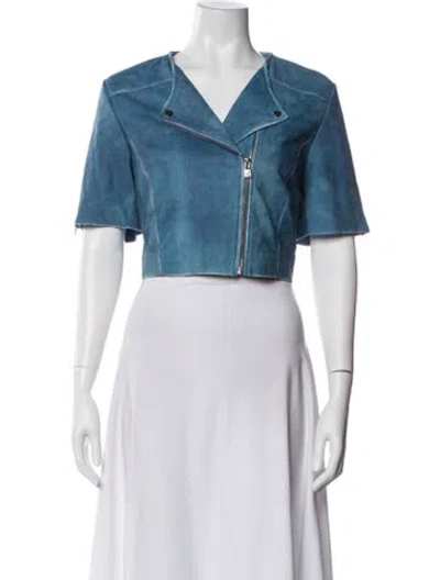 Pre-owned Lamarque Lamb Leather Denim Jacket In Blue