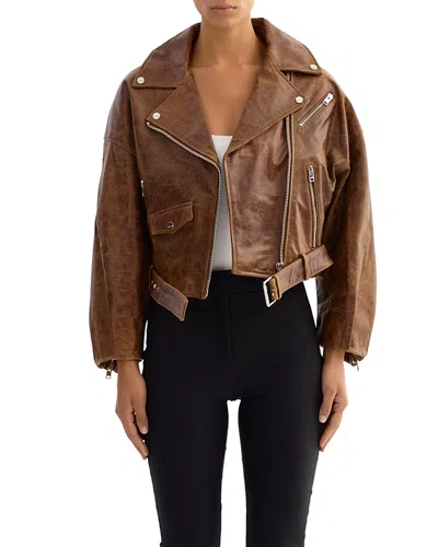 Lamarque Leather Cropped Biker Jacket In Brown