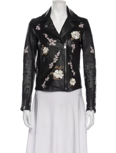 Pre-owned Lamarque Leather Floral Print Biker Jacket In Black