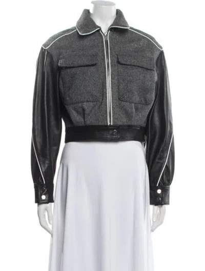Pre-owned Lamarque Leather Tweed Pattern Jacket In Grey