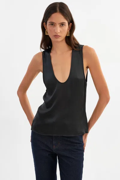 Lamarque Lila Satin Low Plunge Tank Top In Black