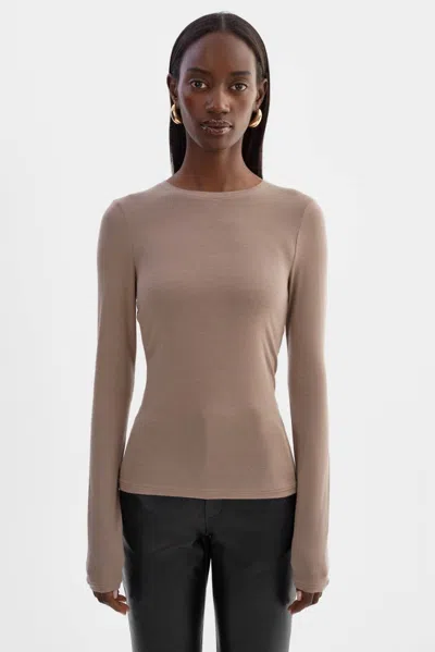 Lamarque Long Sleeve Crew Neck Top In Taupe In Burgundy
