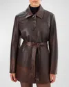 Lamarque Marlowe Belted Leather Coat In Brown Rub Off