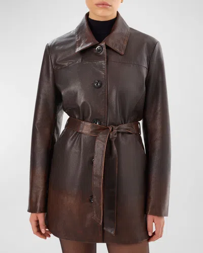 Lamarque Marlowe Belted Leather Coat In Brown Rub Off