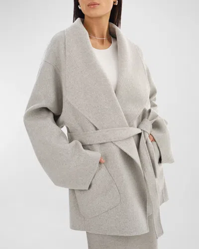 Lamarque Mekia Belted Double-face Wool Oversized Wrap Coat In Light Grey