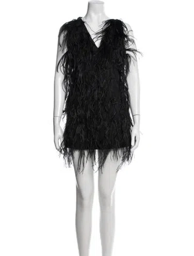 Pre-owned Lamarque Ostrich Feather Mini Dress W/ Tags In Black
