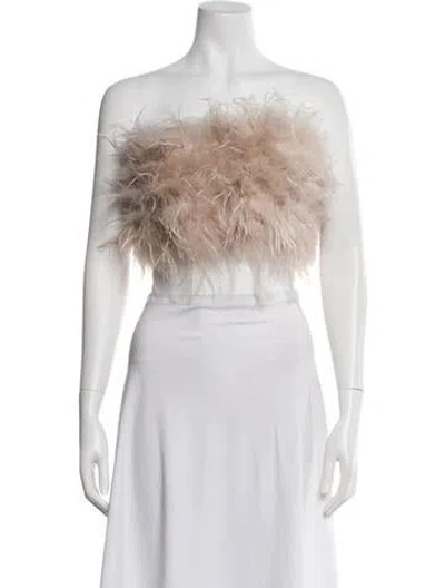 Pre-owned Lamarque Ostrich Feather Strapless Crop Top W/ Tags In Neutral