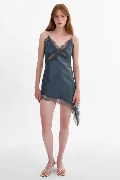 Lamarque Paulina Lace Trim Faux Leather Mini Dress In Blue