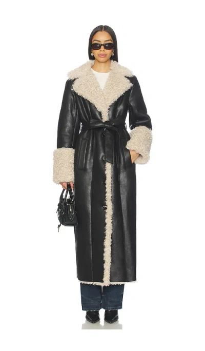 Lamarque Polly Faux Fur Trench Coat In Black & Beige