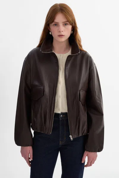 Lamarque Ramona Funnel Neck Leather Jacket In Brown