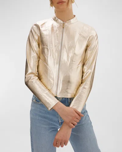 Lamarque Reversible Zip-front Lamb Leather Metallic Bomber Jacket In White/gold