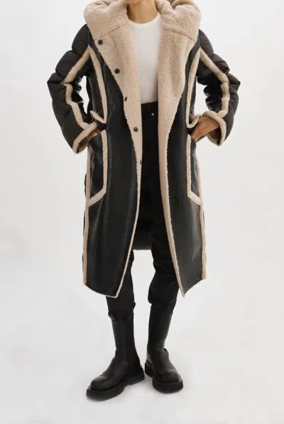 Lamarque Rexana Mixed Media Leather Puffer Coat In Black/ecru In Multi
