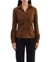 Lamarque Ruched Collared Suede Shirt In Brown
