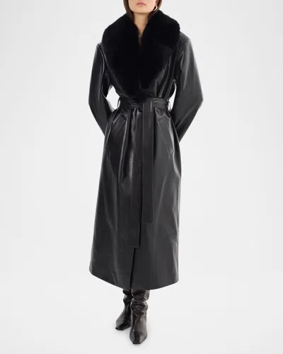 Lamarque Sarita Recycled Sheep Leather Maxi Coat With Faux Fur Collar In Black