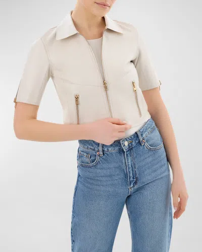 Lamarque Sevana Reversible Short-sleeve Leather Jacket In Winter White/gold