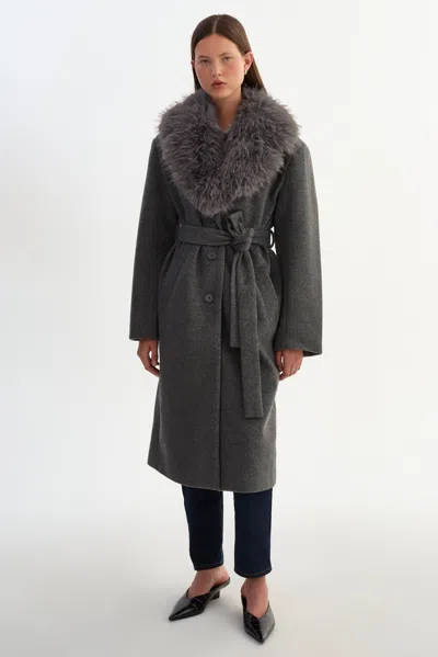 Lamarque Faux Fur Collar Coat In Gray
