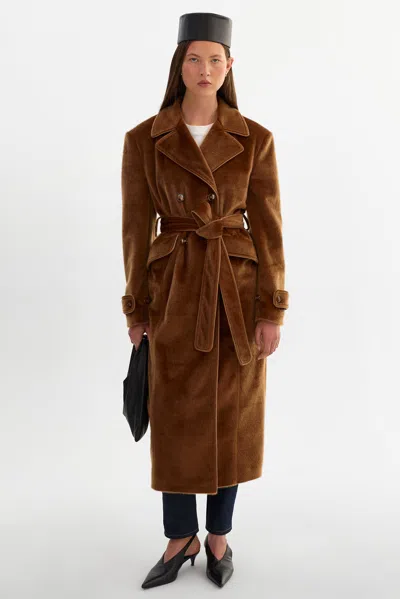 Lamarque Wilda Faux Hair On Trench Coat In Brown