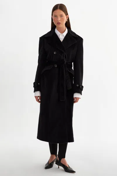 Lamarque Wilda Faux Hair On Trench Coat In Black