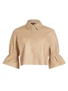 Lamarque Carolina Cropped Ruffle-sleeve Leather Jacket In Beige