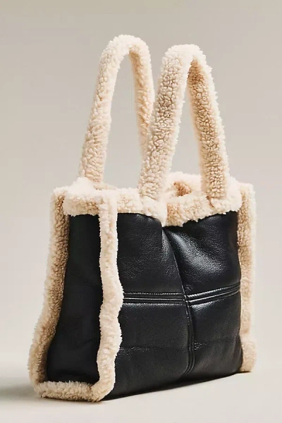 Lamarque Zoey Sherpa Fleece Leather Tote In Black