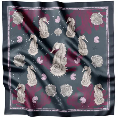 Lamberty Munich X Katchmagic London Women's Red / Neutrals / Black Seahorse & Coral Elegance - Classic Silk Scarf In Blue