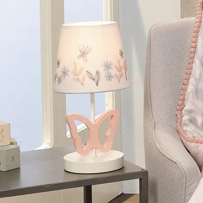 Lambs & Ivy Baby Blooms Pink Butterfly Nursery Lamp With Floral Shade & Bulb In White