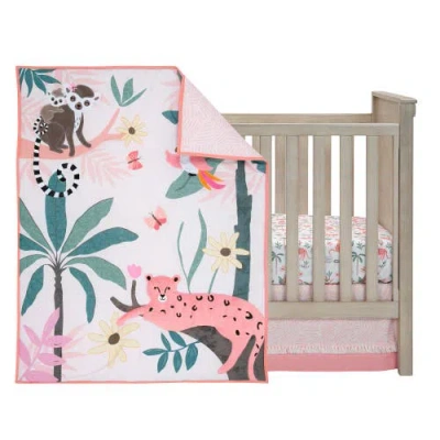 Lambs & Ivy Enchanted Safari Leopard/lemur Jungle 3-piece Baby Crib Bedding Set In Pink