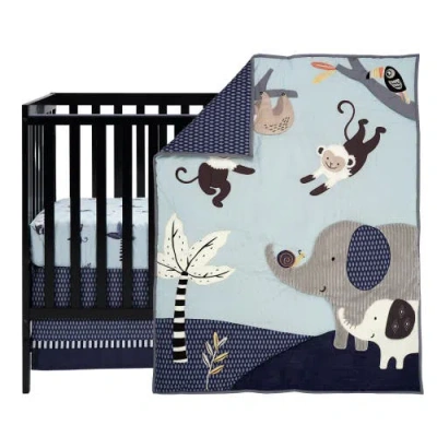 Lambs & Ivy Jungle Party 3-piece Elephant/monkey Baby Crib Bedding Set In Blue