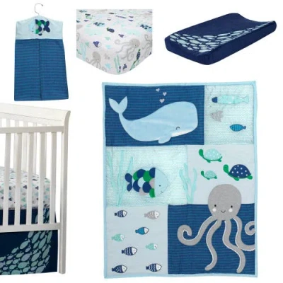 Lambs & Ivy Oceania Whale With Octopus And Fish Nautical Ocean 6-piece Nursery Baby Crib Bedding Set In Blue