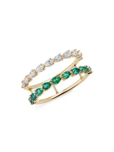 Lana Women's 14k Yellow Gold, 0.05 Tcw Diamond & Emerald Double-band Ring