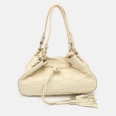 Pre-owned Lancel Cream Leather Drawstring Satchel In White