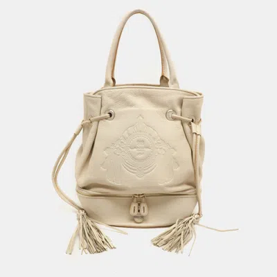 Lancel Cream Leather Drawstring Tassel Tote In White