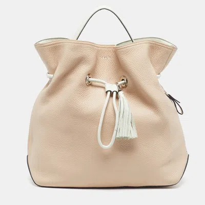 Pre-owned Lancel Drawstring Beige/white Leather Bucket Bag In Sand