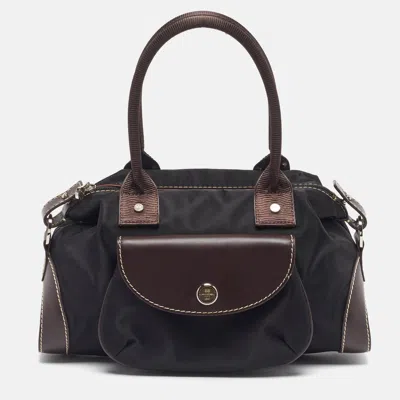 Lancel Front Pocket Black/dark Brown Nylon And Leather Satchel